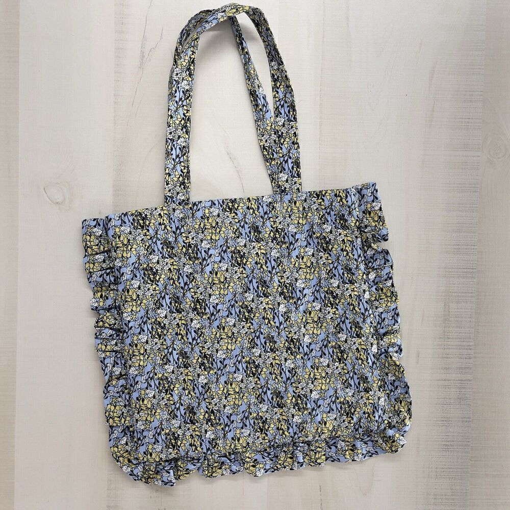 POMPdeLUX girls Floral Ruffle Quilted Cotton Tote Bag Purse Blue - Picture 6 of 6